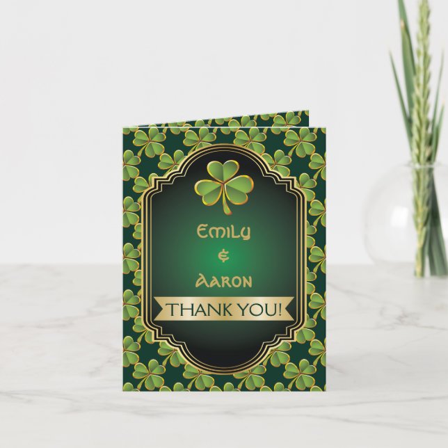 Tarjeta De Agradecimiento Oro, trébol irlandés verde y boda de cuadros Graci (Anverso)