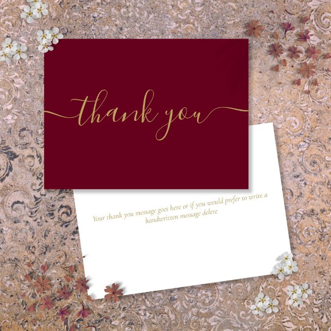 Tarjeta De Agradecimiento Oro y Borgoña Simple Moderno Elegante Script (Gold And Burgundy Simple Modern Elegant Script Thank You Card)