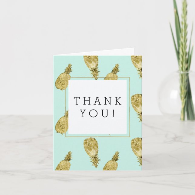 Tarjeta De Agradecimiento Oro y piña acuarela de menta Gracias (Anverso)