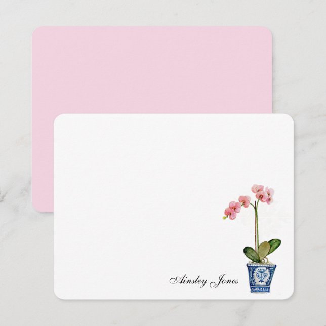 Tarjeta De Agradecimiento Orquídea rosa acuarela en maceta azul (Anverso / Reverso)