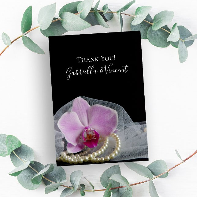Tarjeta De Agradecimiento Orquídea rosa y perlas en Boda negro gracias (Subido por el creador)