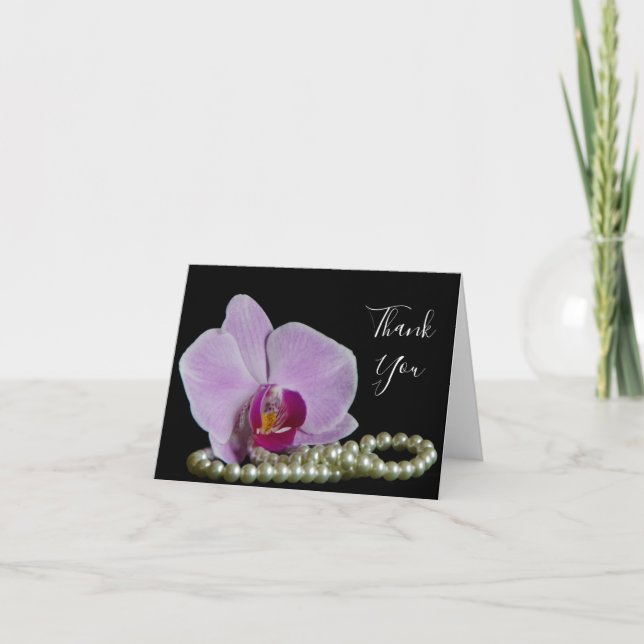 Tarjeta De Agradecimiento Orquídea rosa y perlas en Boda negro gracias (Anverso)