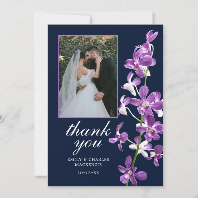 Tarjeta De Agradecimiento Orquídeas Purpura, Boda Moderna y Elegante (Anverso)