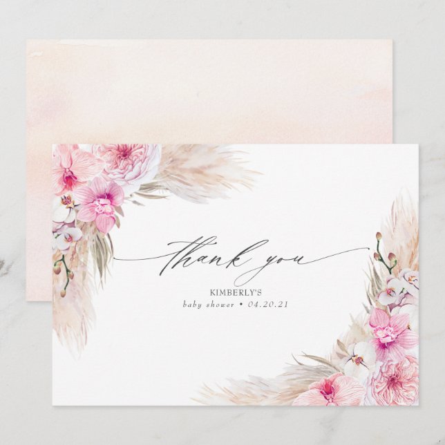 Tarjeta De Agradecimiento Orquídeas Rosa Pampas Ducha De Grass Gracias (Anverso / Reverso)