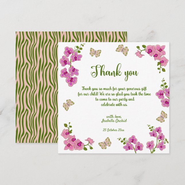 Tarjeta De Agradecimiento Orquídeas Tropical Mariposa Baby Shower Gracias (Anverso / Reverso)