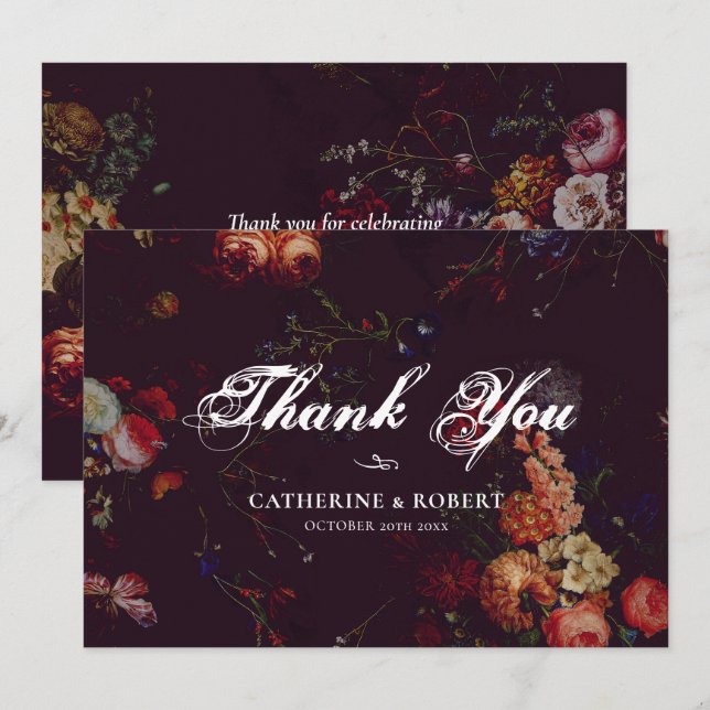 Tarjeta De Agradecimiento Oscuro elegante Burgundy Moody Floral (Anverso / Reverso)