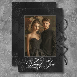 Tarjeta De Agradecimiento Oscuro Gótico Negro Floral satín Damask Boda Verde