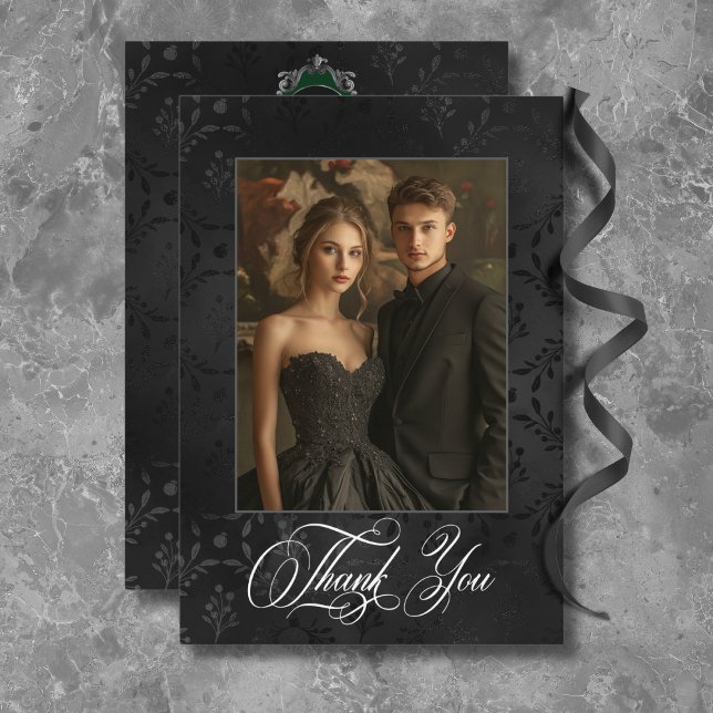 Tarjeta De Agradecimiento Oscuro Gótico Negro Floral Satin Damask Verde (Subido por el creador)