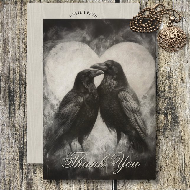 Tarjeta De Agradecimiento Oscuro Gótico Negro y Tan Raven Script Boda (Dark Gothic Black & Tan Raven Script Wedding Thank You Card)