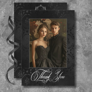 Tarjeta De Agradecimiento Oscuro matrimonio gótico negro floral satinado Dam