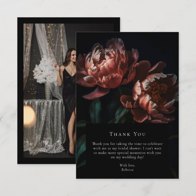Tarjeta De Agradecimiento Oscuro Moody Black Gothic Floral Bridal Shower Fot (Anverso / Reverso)
