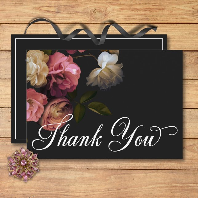 Tarjeta De Agradecimiento Oscuro Moody Burgundy y cream Peonies Black Boda (Dark Moody Burgundy & Cream Peonies Black Wedding Thank You Card)
