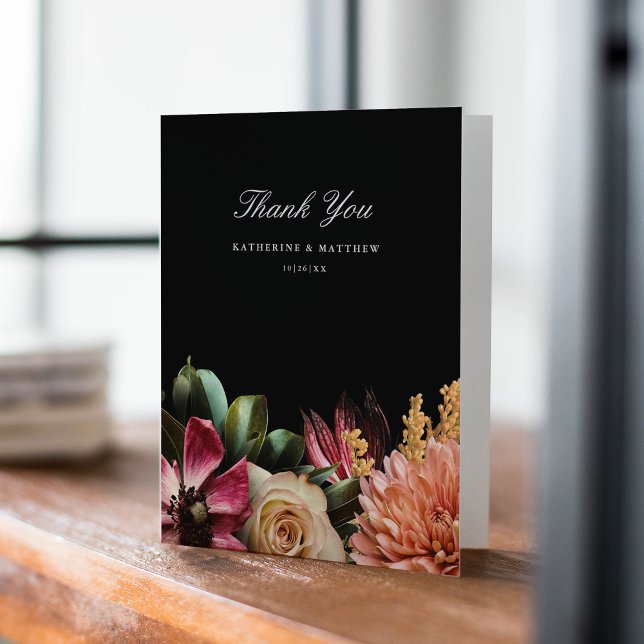 Tarjeta De Agradecimiento Oscuro + Moody Elegante Boda Floral Negro (Subido por el creador)