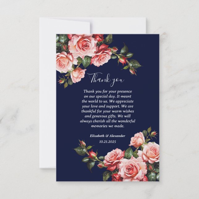 Tarjeta De Agradecimiento Oscuro moody rosa y rosas rojas azul marino boda (Anverso)