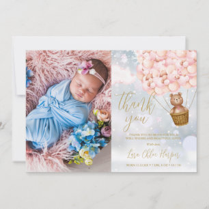 Tarjeta De Agradecimiento Osito con globos rosados Cute Winter Baby Foto