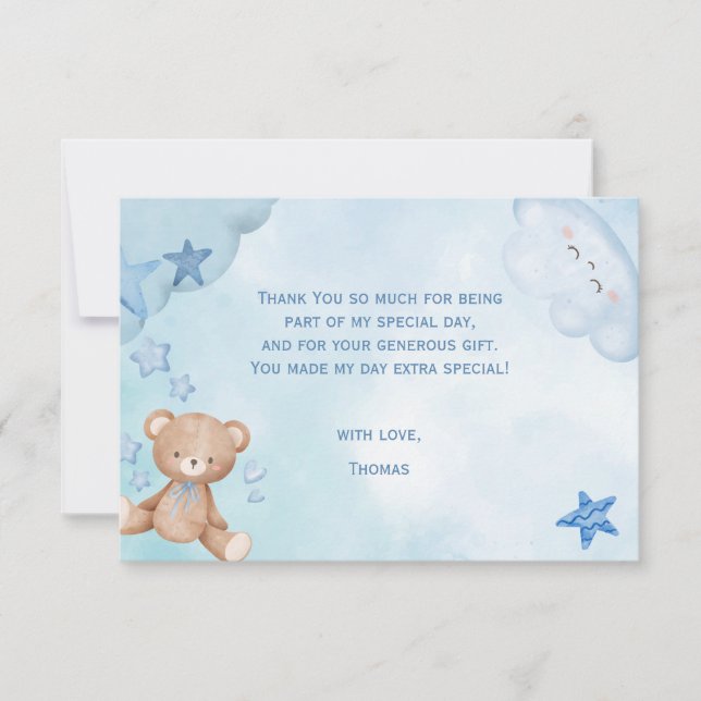 Tarjeta De Agradecimiento osito de peluche acuarela azul para niños (Anverso)