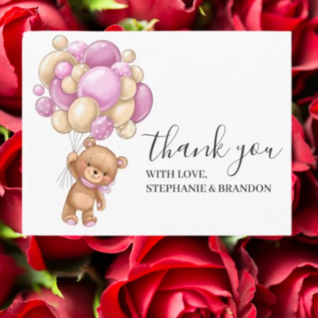 Tarjeta de agradecimiento Osito de peluche globos  (Express heartfelt gratitude with our Teddy Bear Pink Balloons Thank You Card)