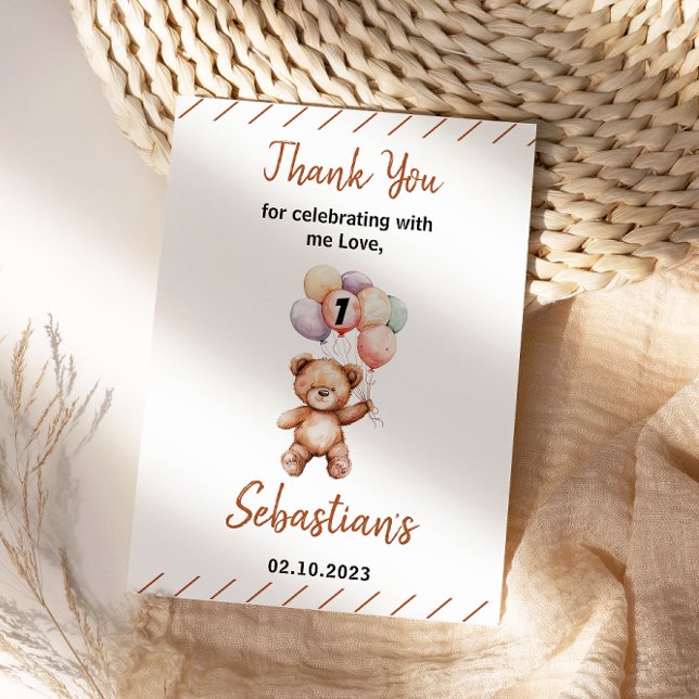 Tarjeta De Agradecimiento Osito de peluche lindo cumple 1 año | Oso dulce (Cute Teddy Bear 1st Birthday | Sweet Bear Thank You Card
)