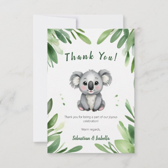 Tarjeta De Agradecimiento Osito Koala Lindo con Hojas Verdes para Baby Showe (Anverso)