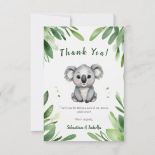 Tarjeta De Agradecimiento Osito Koala Lindo con Hojas Verdes para Baby Showe