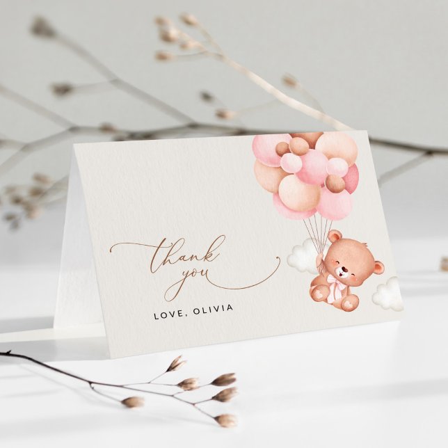Tarjeta De Agradecimiento Osito, Oso de peluche, Globos rosados, Fiesta de b (Subido por el creador)