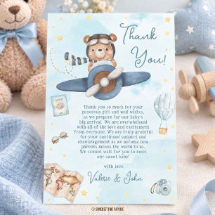 Tarjeta De Agradecimiento Osito Piloto Lindo Avión Azul Niño Shower Bebé