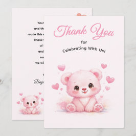 Tarjeta De Agradecimiento Osito Rosa Adorable para Cumpleaños de Niña