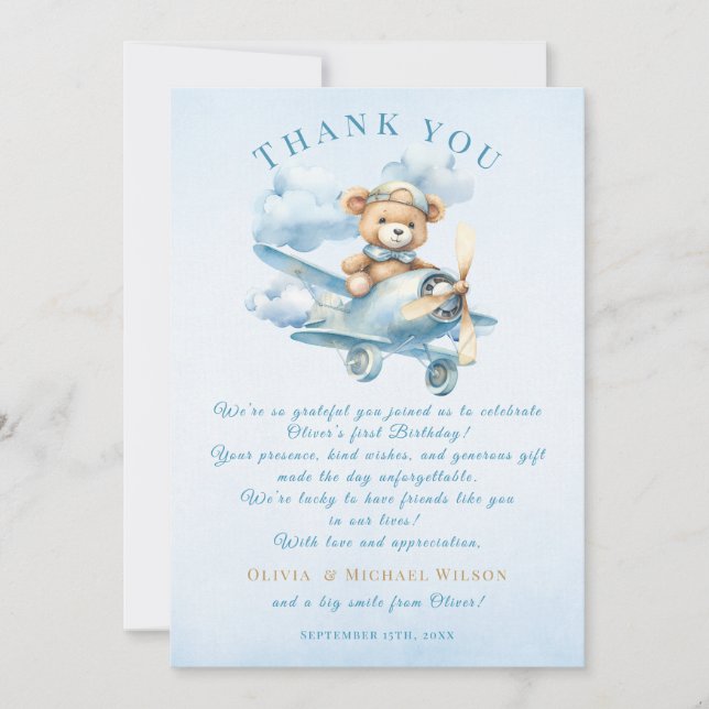 Tarjeta De Agradecimiento Osito Teddy Piloto Dulce Primer Cumpleaños (Anverso)