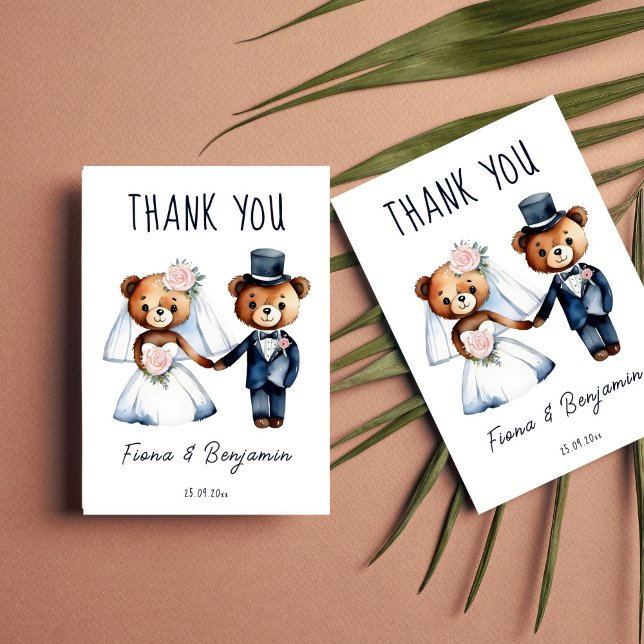 Tarjeta De Agradecimiento Ositos de peluche lindos pareja de recién casados  (Cute whimsical funny teddy bears dressed as bride and groom wedding thank you card template)