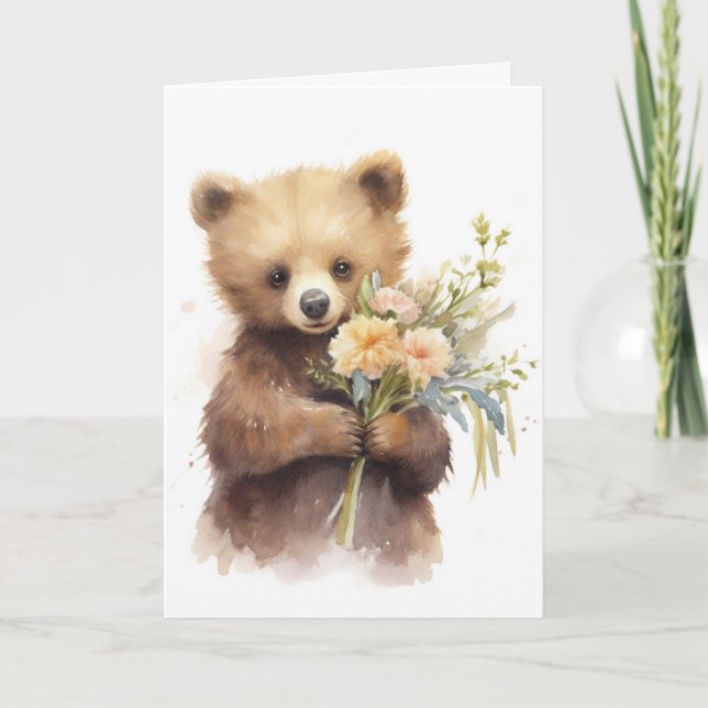 Tarjeta De Agradecimiento Oso acuarela con un Bouquet (Anverso)