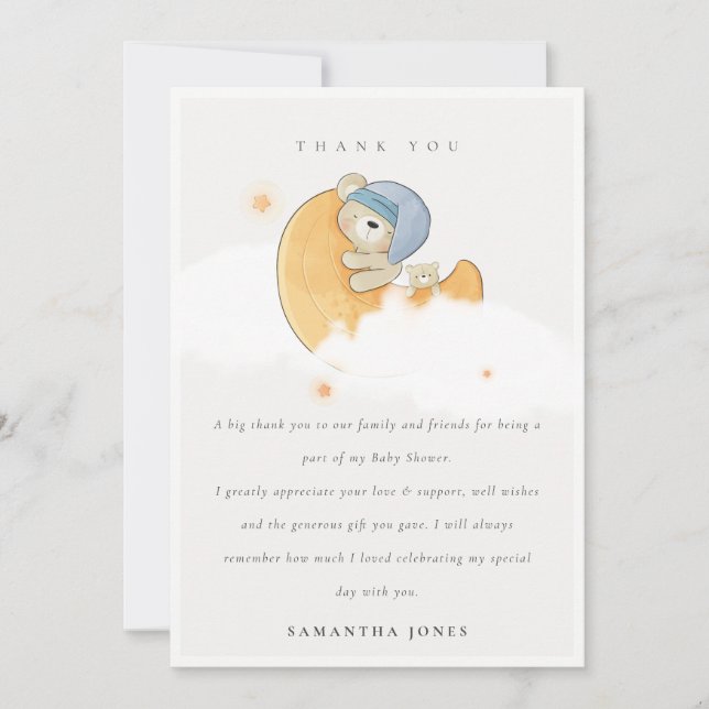 Tarjeta De Agradecimiento Oso azul somnoliento sobre Moon Boy Baby Shower (Anverso)