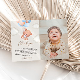 Tarjeta De Agradecimiento Oso bebé, globos azules, primer cumpleaños