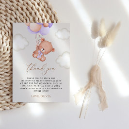Tarjeta De Agradecimiento Oso Bebé, Globos Púrpura, Primer Cumpleaños