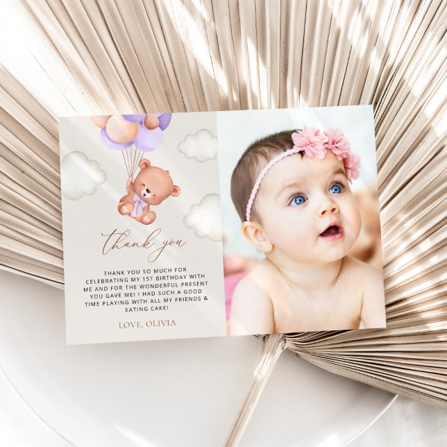 Tarjeta De Agradecimiento Oso Bebé, Globos Púrpura, Primer Cumpleaños (Subido por el creador)