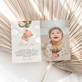 Tarjeta De Agradecimiento Oso bebé, globos verdes, primer cumpleaños