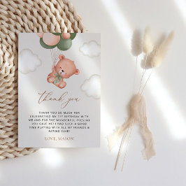 Tarjeta De Agradecimiento Oso bebé, globos verdes, primer cumpleaños