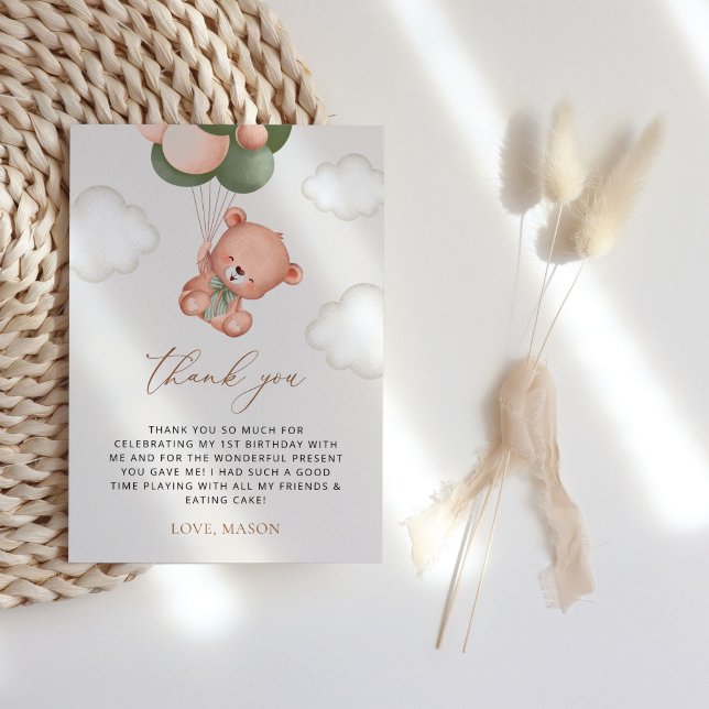 Tarjeta De Agradecimiento Oso bebé, globos verdes, primer cumpleaños (Subido por el creador)