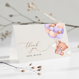 Tarjeta De Agradecimiento Oso Bebé, Oso Lindo, Globos Morados, Fiesta de Beb