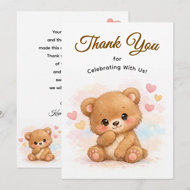 Tarjeta De Agradecimiento Oso de bebé neutral adorable para cumpleaños (Anverso / Reverso)