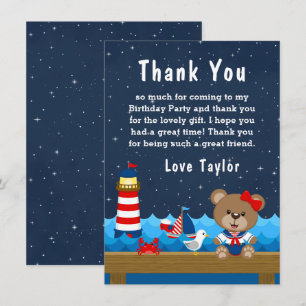 Tarjeta De Agradecimiento Oso de niña náutica Cumpleaños Rojo y Azul Marino