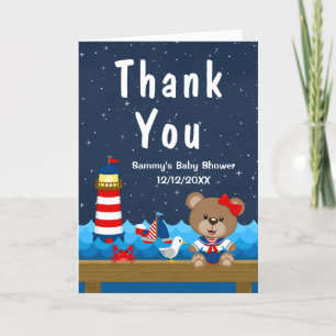 Tarjeta De Agradecimiento Oso de niña náutica rojo y azul marino Baby Shower