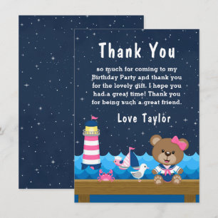 Tarjeta De Agradecimiento Oso de niña náutica rosa y azul marino Fiesta de c