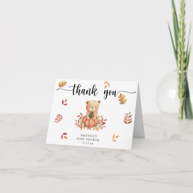 Tarjeta De Agradecimiento Oso de otoño con calabaza - gracias (Anverso)