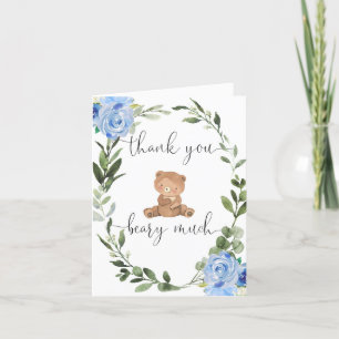 Tarjeta De Agradecimiento Oso de peluche azul floral verde eucalipto lindo
