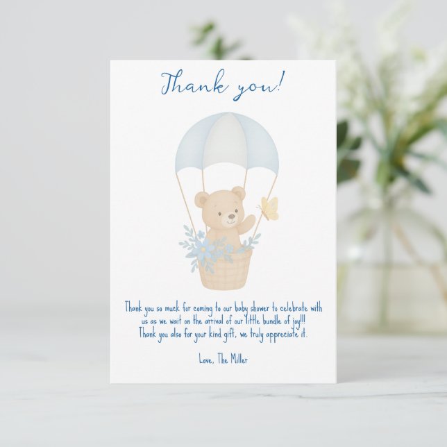 Tarjeta De Agradecimiento Oso de peluche con Baby Shower paracaidista (Anverso de pie)