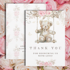 Tarjeta De Agradecimiento Oso de peluche de acuarela beige dulce Flora rosa