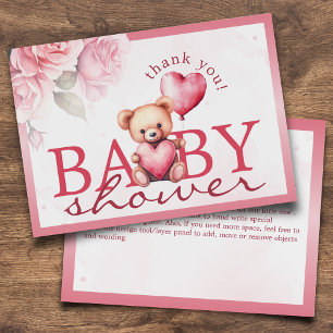 Tarjeta De Agradecimiento Oso de peluche de acuarela rosa Baby Shower Flat