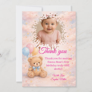 Tarjeta De Agradecimiento Oso de peluche de acuarela rosa niña cumpleaños nú