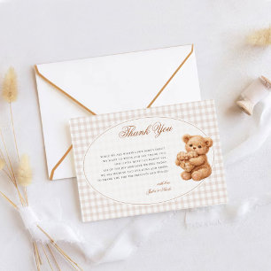 Tarjeta De Agradecimiento Oso de peluche de gingham marrón, papel para baby 