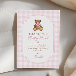Tarjeta De Agradecimiento Oso de peluche de gingham rosa cumpleaños primer c